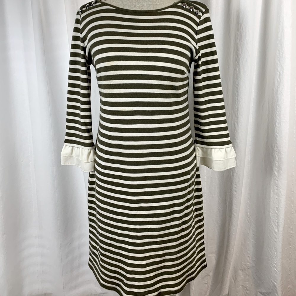 Mid-length dress, army green & white stripe